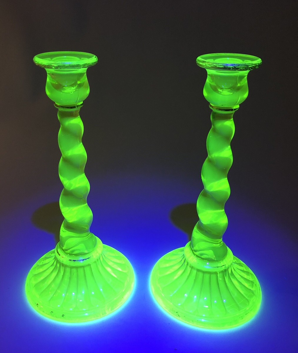 Pair Northwood Yellow Uranium Glass Spiral Twist Candlestick Set