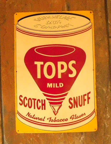 VTG. ORIGINAL TOPS SCOTCH SNUFF TIN EMBOSSED ADVERTISING SIGN / GEO. W. HELME
