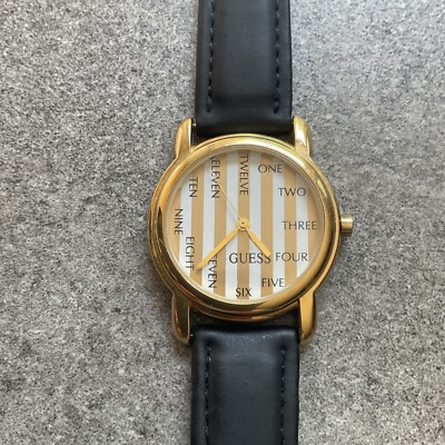 Cool Vintage Guess Watch 34mm Gold Tone Case With Black Leather Band Bin S 