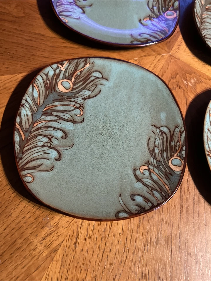 Pier 1 Importaciones Platos de Ensalada de Gres Pluma de Pavo Real 8" Lote de 4 Turquesa RARO Foto 4 de 4