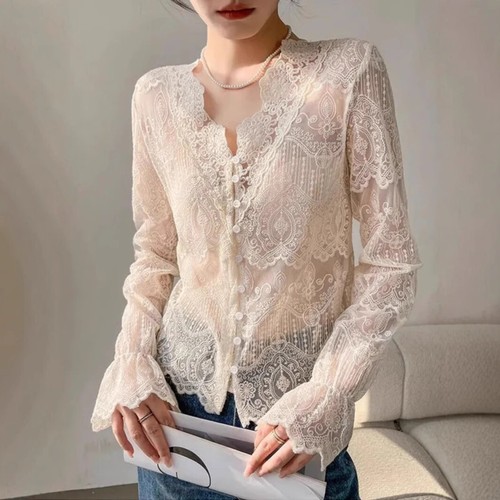 Spring Womens Lace Shirt V-neck Hollowed Out Shirt Long Sleeved Slim Fit Shirts