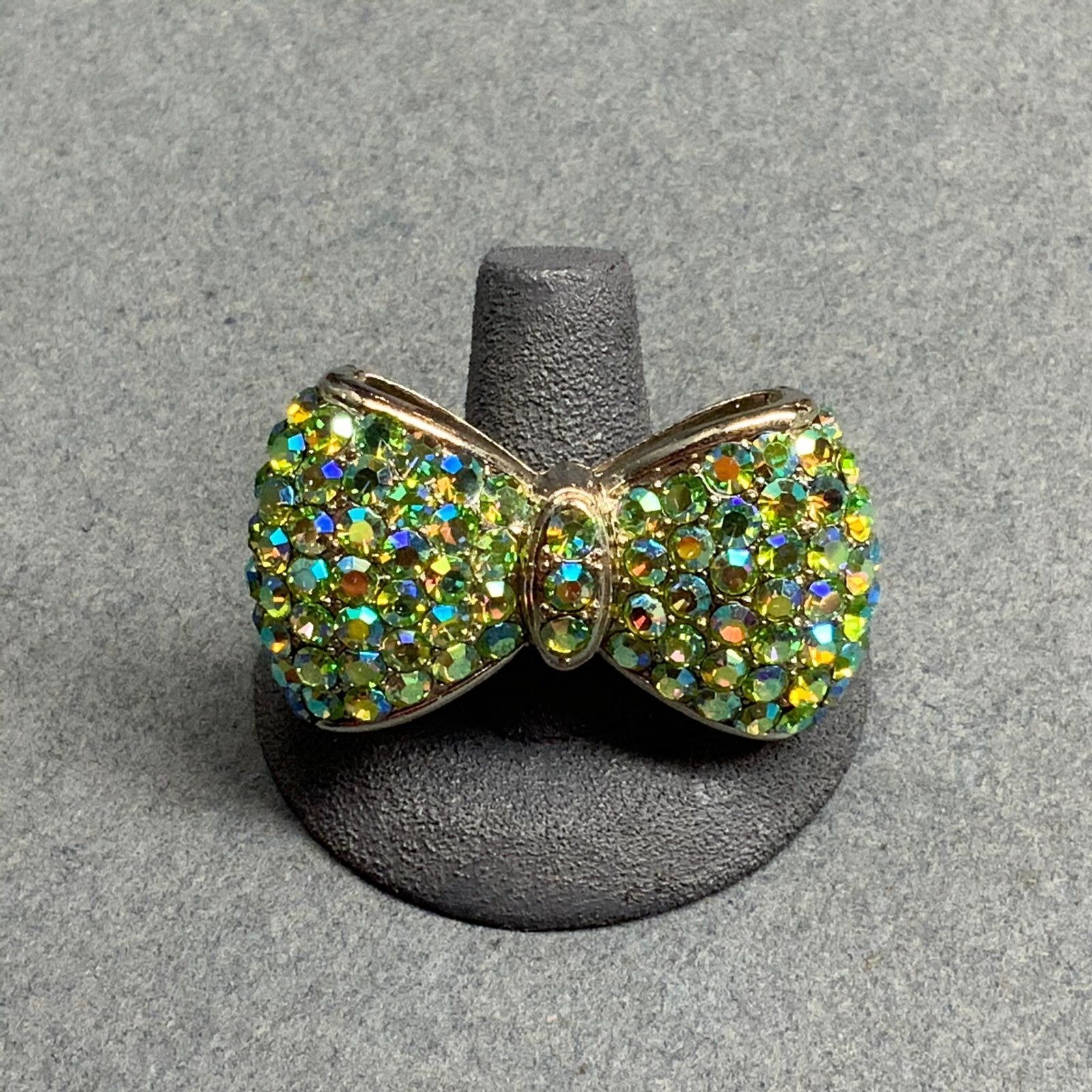 Rhinestone Bow Bling Ring Adjustable Lime Green S… - image 1
