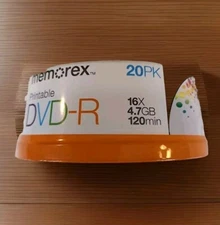 20-pk Memorex DVD-R White Inkjet Hub-Printable Discs - 16X 4.7GB 120mins F26