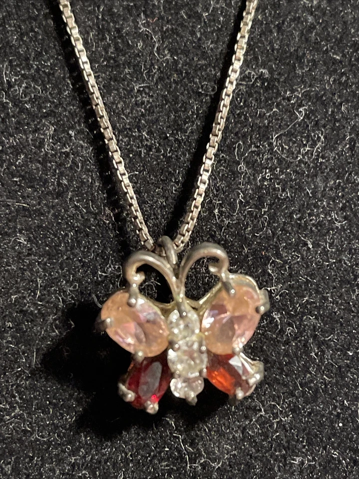 Collar de plata de ley 925 con tono plata mariposa rosa, rojo, piedras transparentes20 Foto 3 de 4