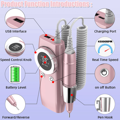 New Pro 45000RPM Nail Drill Machine Portable Manicure Pedicure Rechargeable BK60 - Picture 18 of 25