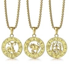 Yellow Gold Plated Stainless Steel 12 Zodiac Sign Pendant Necklace 18-22" Chain