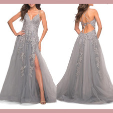 NEW La Femme 8 V Neck Floral Lace Applique A-Line Gown In Silver Grey S1712