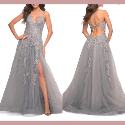 NEW La Femme [ 8 ] V Neck Floral Lace Applique A-Line Gown In Silver Grey S1712