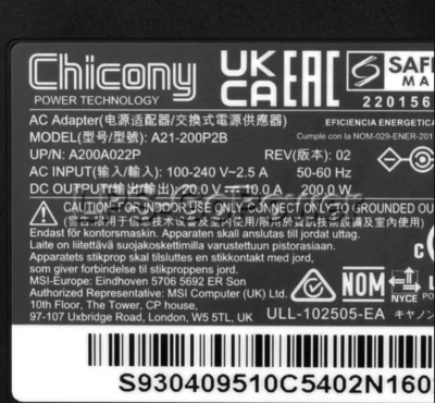 MSI Katana 15 B12VEK B12VFK B12VGK B13VEK B13VGK 200W Laptop