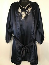 Vtg VAL MODE Wet Looking Satin Embroidered Nightgown Robe Navy S