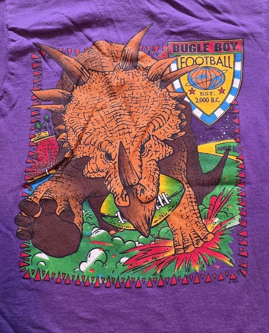 Vintage Bugle Boy Single Stitch Purple Dinosaur Football T-Shirt Size Large 90s