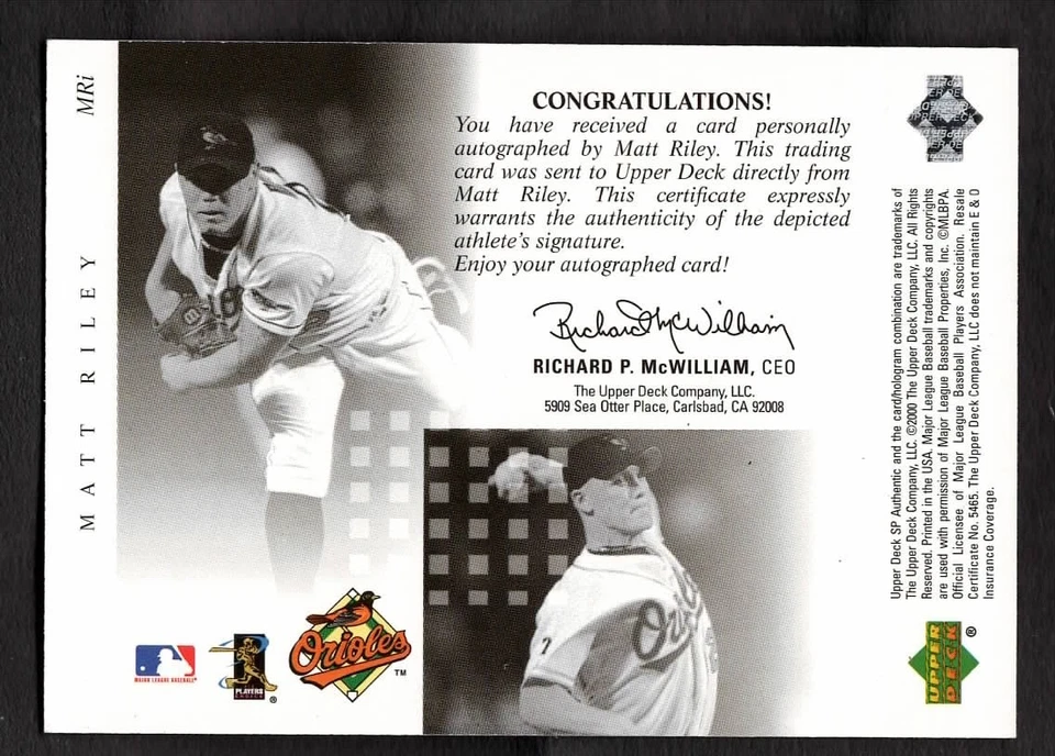 2000 Matt Riley Upper Deck Baseball SP Authentic Chirography Auto Orioles MRi - Image 2 of 2