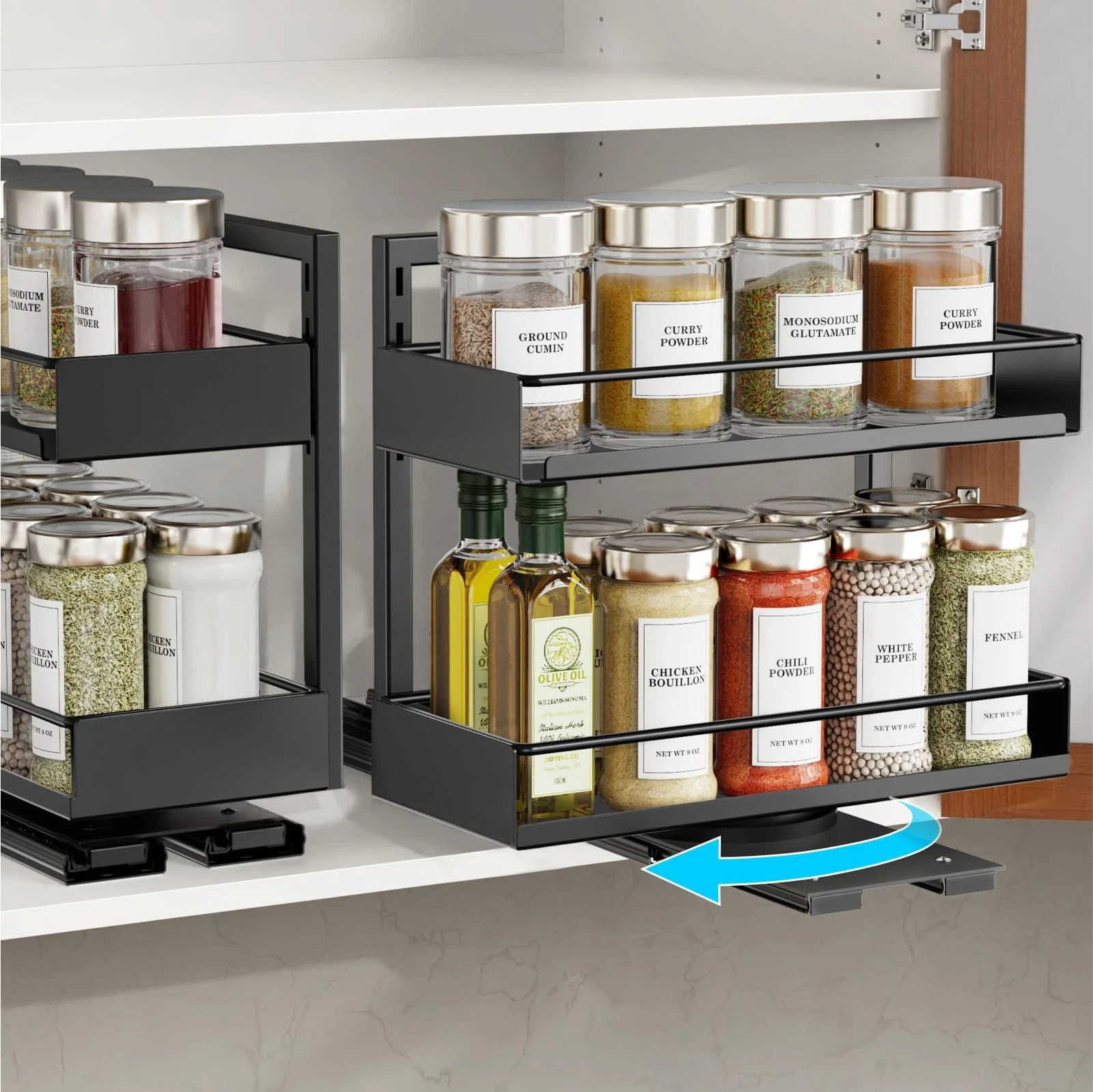 Pull Out Spice Rack - 2 Pack Rotate Peel and Stick No-Drill Vertical Spice Ra...