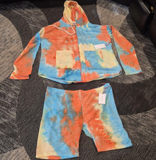 Rose Velvet Women's 2-Piece Tie Dye Zip Hoodie Shorts Set Plus Size 3XL