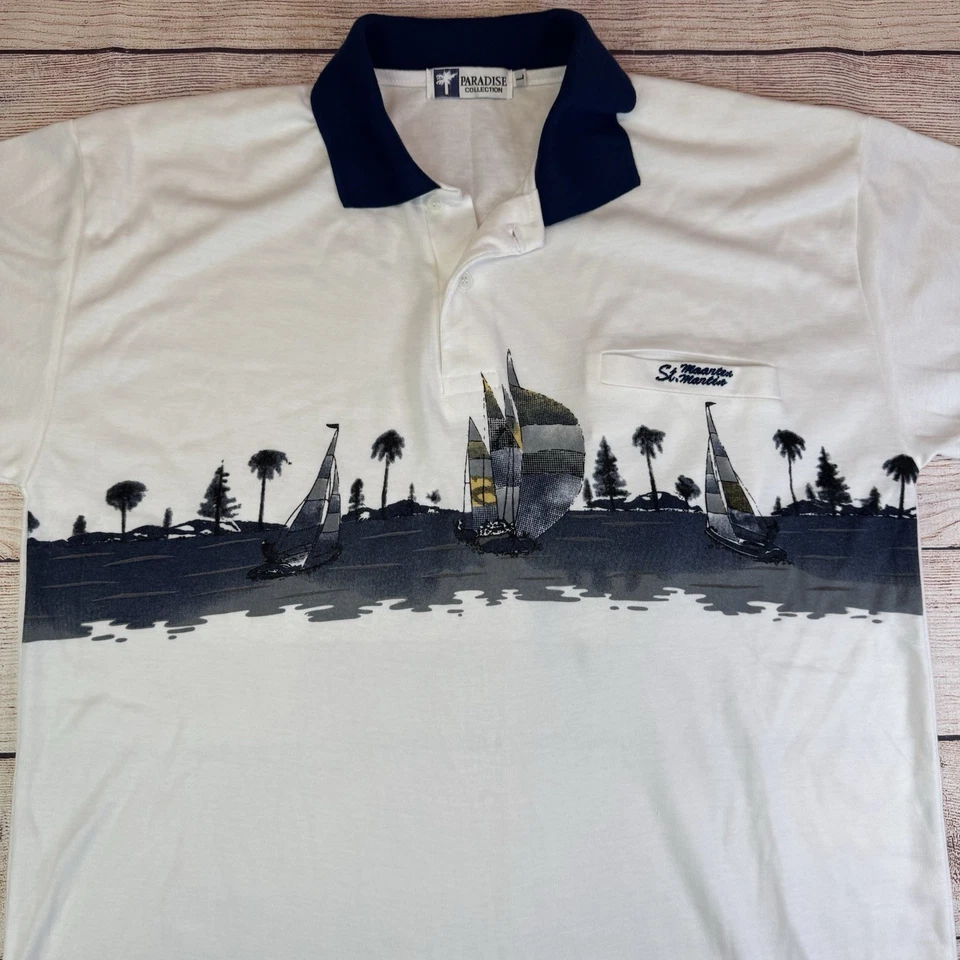 Vintage St. Maarten Sailboat White Polo Shirt L Paradise Collection 90s - Image 2 of 4