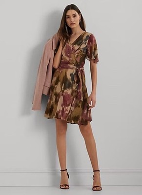 $165 LAUREN Ralph Lauren Floral Crinkle Georgette Surplice Dress Size 16