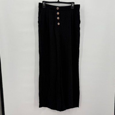 Primark Womens Black Wide Leg High Rise Button Fly Pleated Trousers Size 10 SS20