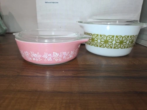 VTG 1960s Pyrex Verde Green Autumn Floral bowl Plus Pink Maple Acorn W Lids
