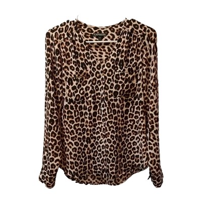 Express Womans Blouse XS Brown Animal Print Long Sleeve V-neck Button Down