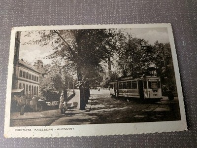 Alte Ak Chemnitz Kassberg-Auffahrt mit Straßenbahn gelaufen 1931 Gebrauchsspuren
