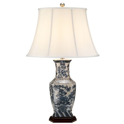 Porzellan Tischlampe ESTERA 75 cm hoch E27 Blau Weiß Stoffschirm Tischleuchte