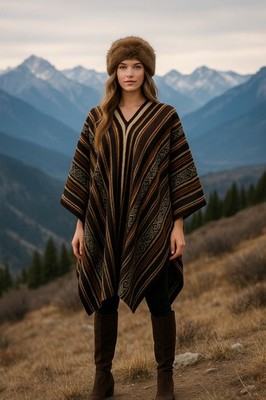 Ethnic Mexican Tribal woven open poncho southwestern boho hippie nomad cape OS
