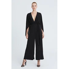 Halston Women's 4 Raegan Jersey Jumpsuit V-Neck Cape Sleeve Belted Wide Leg $575