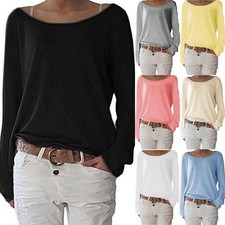 Women's Knit Tee Shirt Blouse Tops - Long Sleeve Casual Basic Solid Loose Fit UK