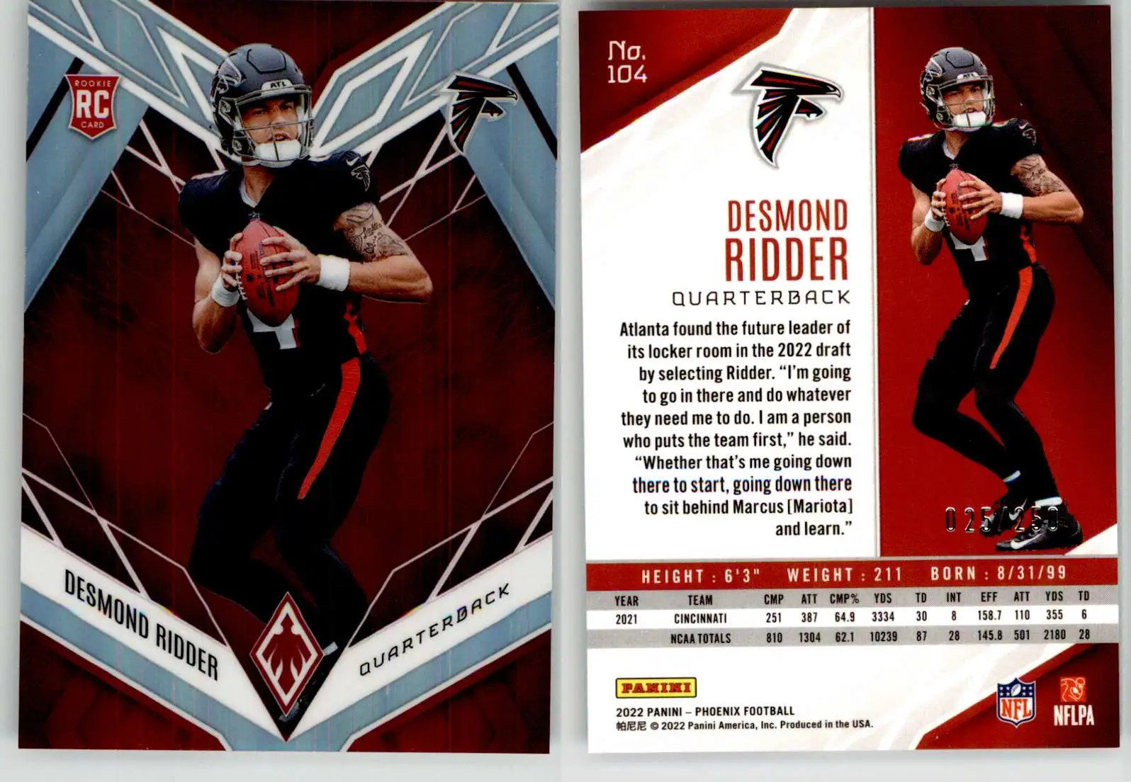 Desmond Ridder 2022 Phoenix Red #104 #/250 Cincinnati Falcons RC Rookie