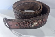 Vtg Tan Hand Tooled Belt Leather 42" M/L No Buckle Western Leaves Horses 8971