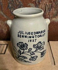 Vtg Julius Edwards Stoneware Crock Small Bennington VT 1887 Jug Pot Floral 4" 