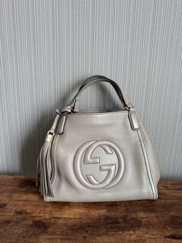 Gucci Soho Fringed Tassel Leather Handbag Gray Women's Used From Japan