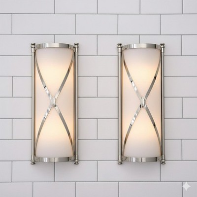 Set of 2 Robert Abbey Chase S1986 Wall Sconce Polished Nickel White Glass Shade