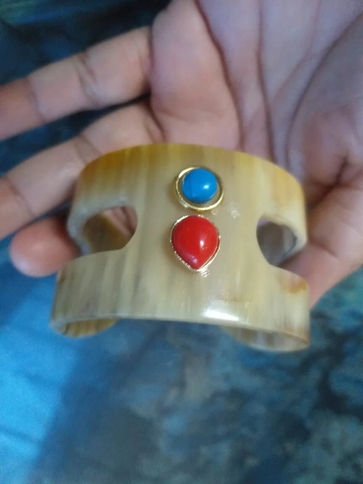 Natural Buffalo Horn Cuff Bracelet With Coral, Turquoise Braceletss Jewelry Boho - Image 2 of 4
