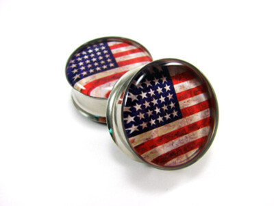 Pair of Double Flare American Flag Picture Plugs gauges Choose Size