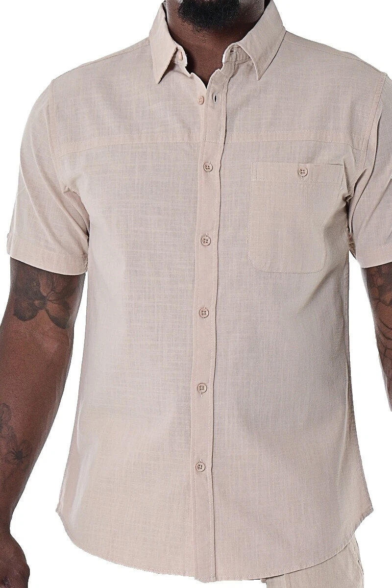 Cotton Solid Short Sleeve Casual Button-Down Shirts for Men