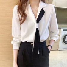 Women Style Blouses Shirts Lady Casual Long Sleeve Notched Collar Tops