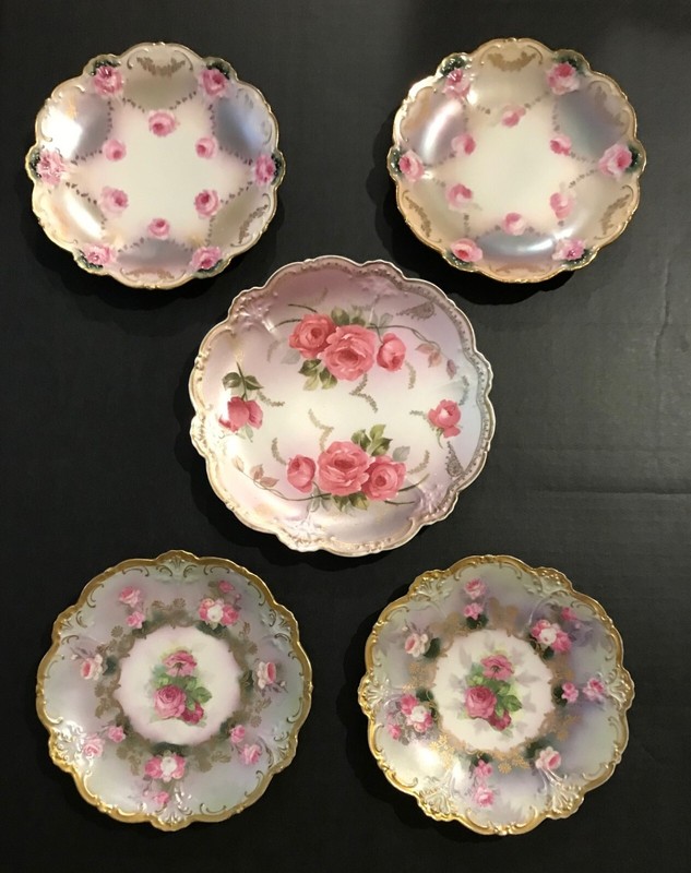 5 Antique O&EG Royal Austria plates w/curvy edges & gold trim, (4) 7.5” plates &