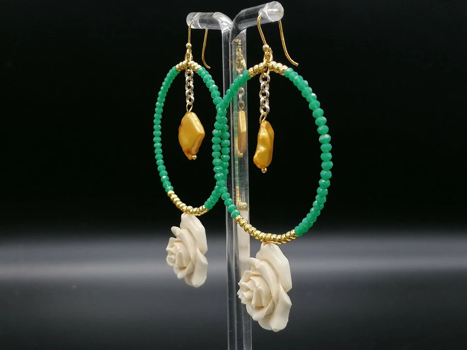 orecchini grandi cerchio da donna perle agata rose colore avorio FATTO IN ITALIA - Immagine 2 di 4