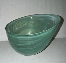 Frosted Turquoise Serving Bowl 5" Tall Teal Swirl Glass Candy Decor Nautical Sea
