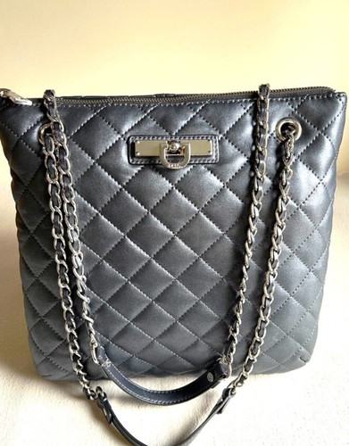 DKNY Metallic Quilted Genuine Leather Double Chain Strap Zip Satchel Handbag Med