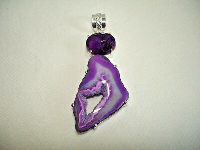 AB One-of-a-Kind Purple Drusy Solar Quartz Amethyst Silver Pendant Necklace 2.75