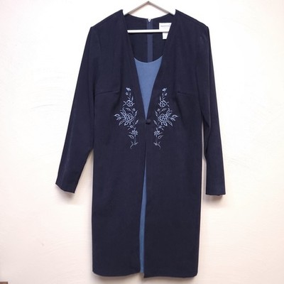 Vintage Fashion Bug Dress Size 14 Blue Rose Embroidered Cardigan One Piece