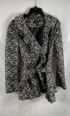 Vintage Sandro Studio Women's Zebra Print Ruffled Belted Raincoat Jacket Sz L