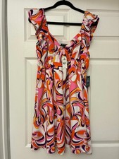 Express M Pink Orange Swirl Print Ruffle Strap Dress NWT