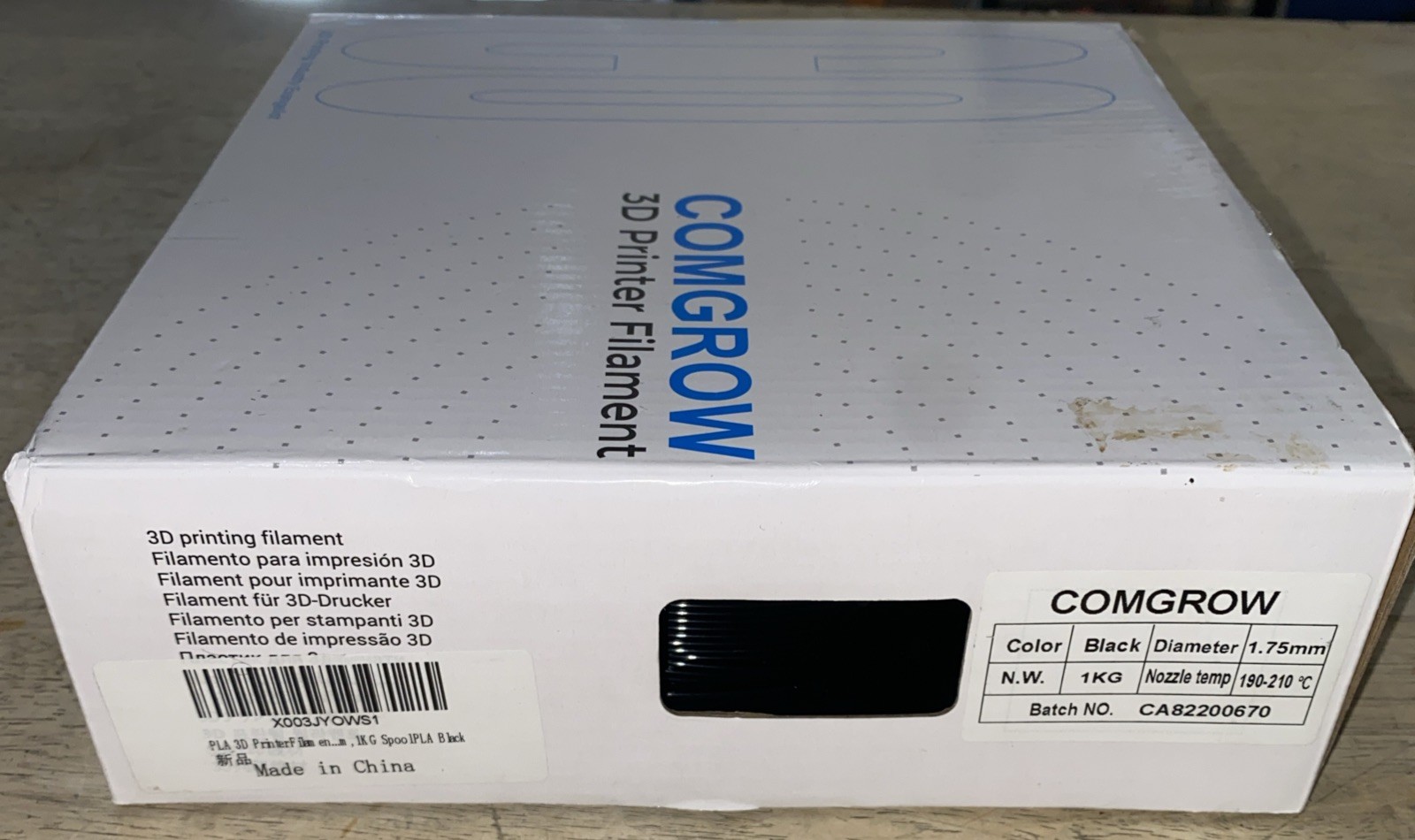 Comgrow Black 3D Printer Filament - 1.75mm, 1KG - 190-210°