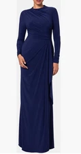 Betsy & Adam Navy Blue Side Ruffle Long Sleeve Jersey Gown Size 16 $209