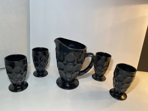 MCM Jeanette Glass Shell Black Pitcher & 4-4 oz Footed Juice Glasses RARE VTG