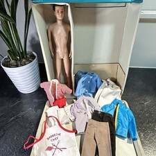 60s Ken Flocked Brunette Straight Leg Japan Doll, 1961 Case, Clothing Lot