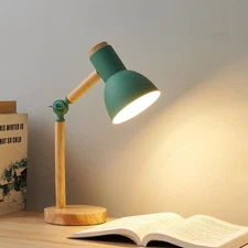 Nordic Wooden LED Table Lamp Adjustable Turn Head Bedside Reading Desk Light